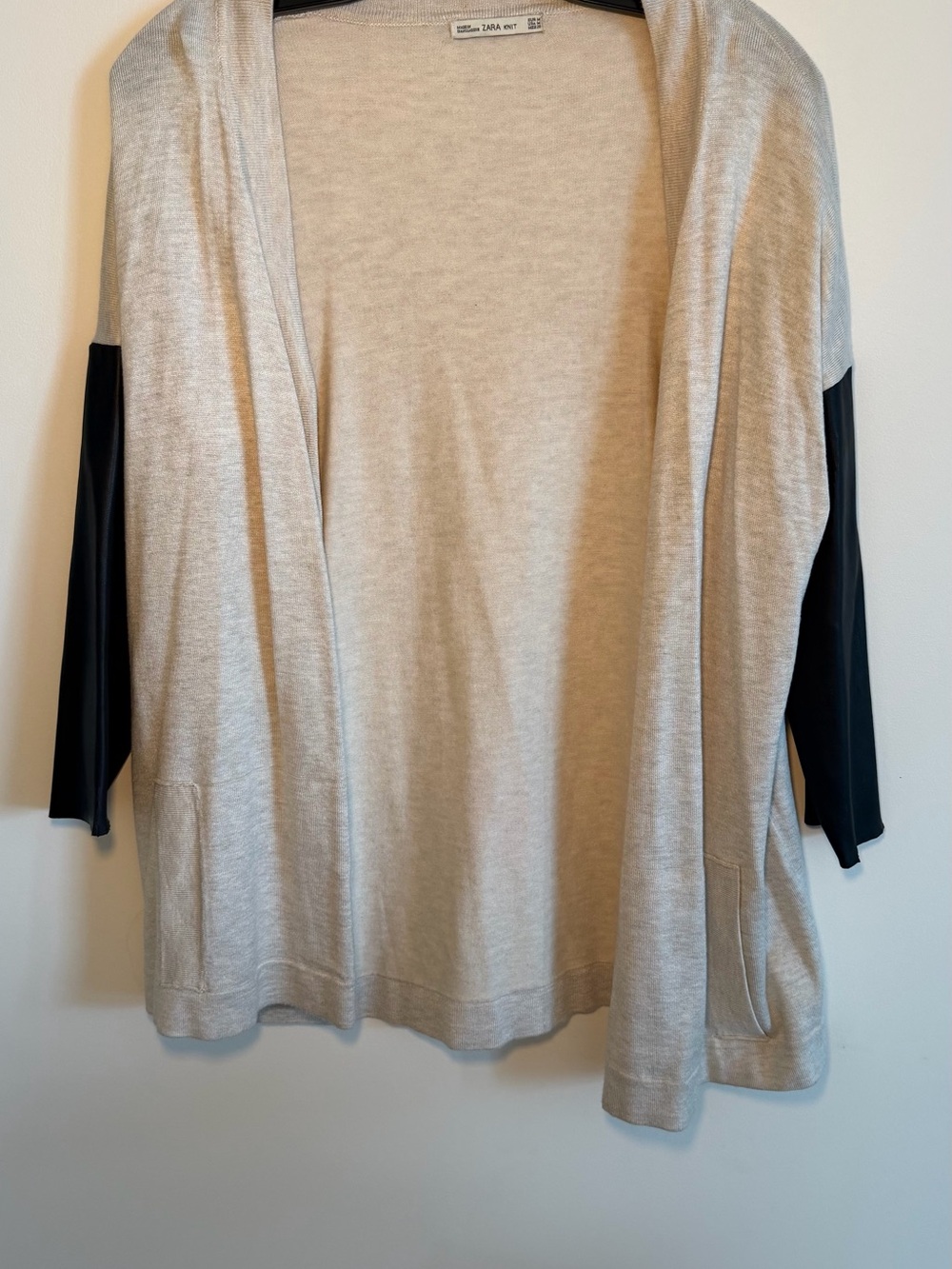 Zara Light Gray Draped Open Cardigan with Black Sleeve Panels